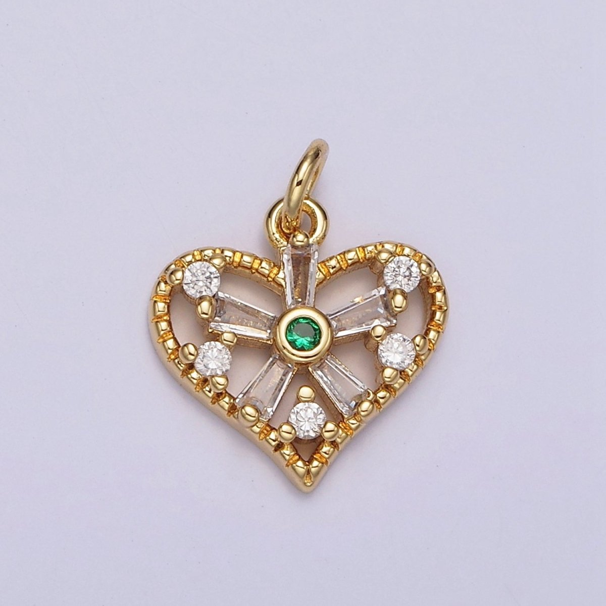 14K Gold Filled Green, Clear Baguette Flower CZ Open Heart Charm | AG390 - AG392 - DLUXCA