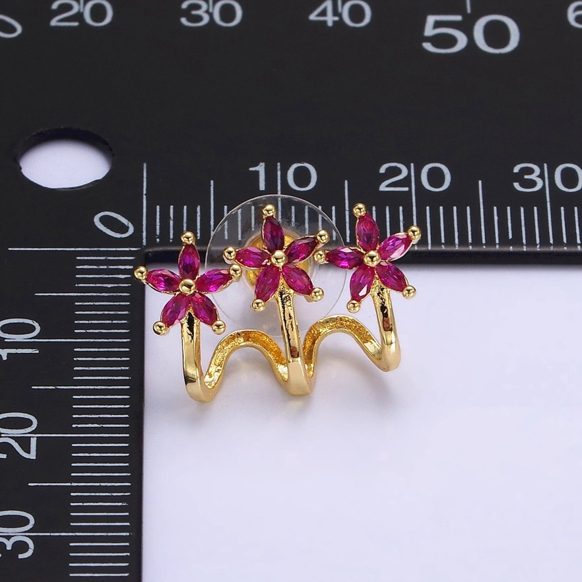 14K Gold Filled Green, Clear Fuchsia Marquise Flower Triple Ear Cuff Stud Earrings Set | AE641 - AE643 - DLUXCA