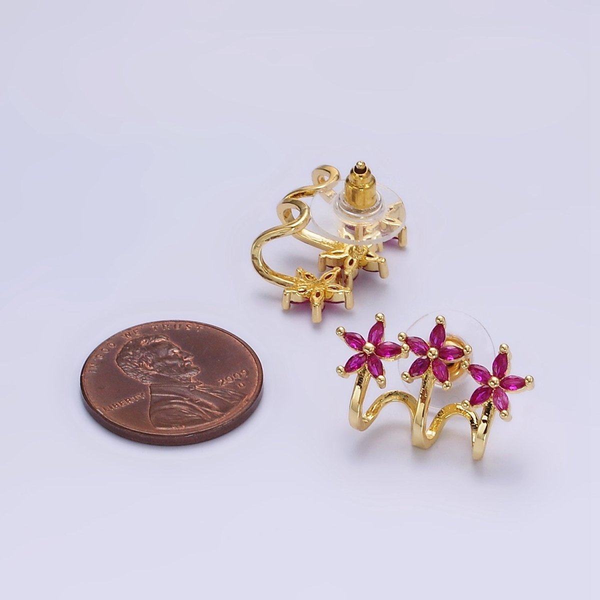 14K Gold Filled Green, Clear Fuchsia Marquise Flower Triple Ear Cuff Stud Earrings Set | AE641 - AE643 - DLUXCA