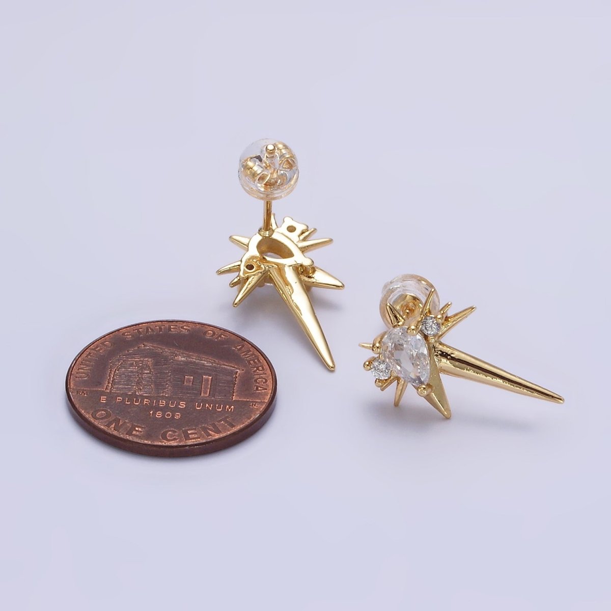 14K Gold Filled Green, Clear Teardrop CZ Spiked Celestial Star Stud Earrings in Gold & Silver | AE648 - AE651 - DLUXCA