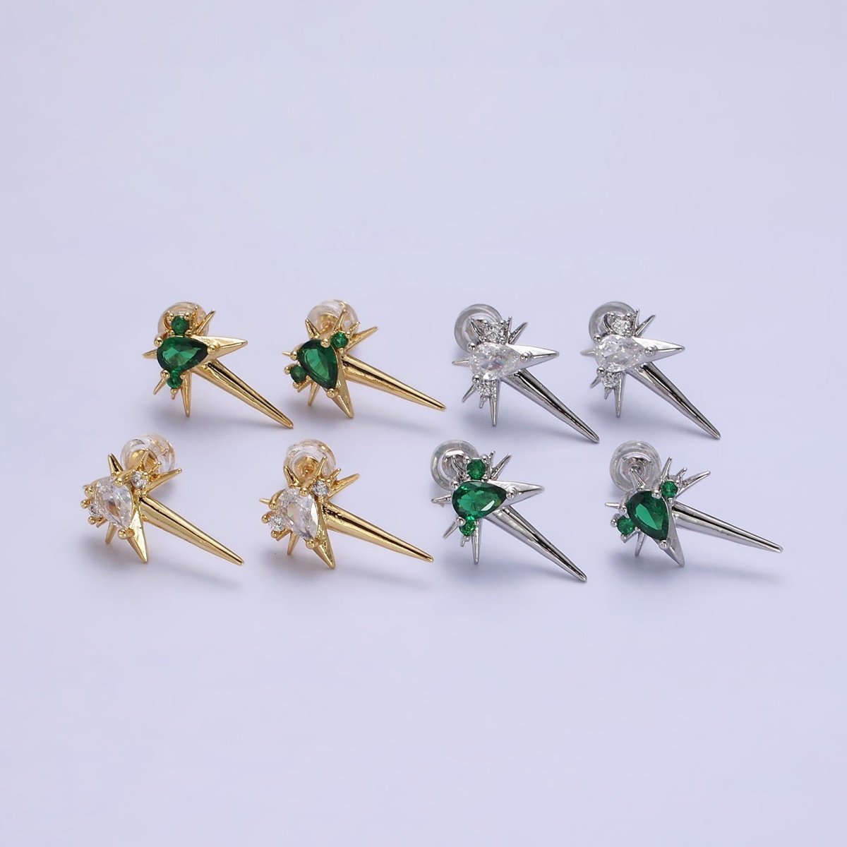 14K Gold Filled Green, Clear Teardrop CZ Spiked Celestial Star Stud Earrings in Gold & Silver | AE648 - AE651 - DLUXCA