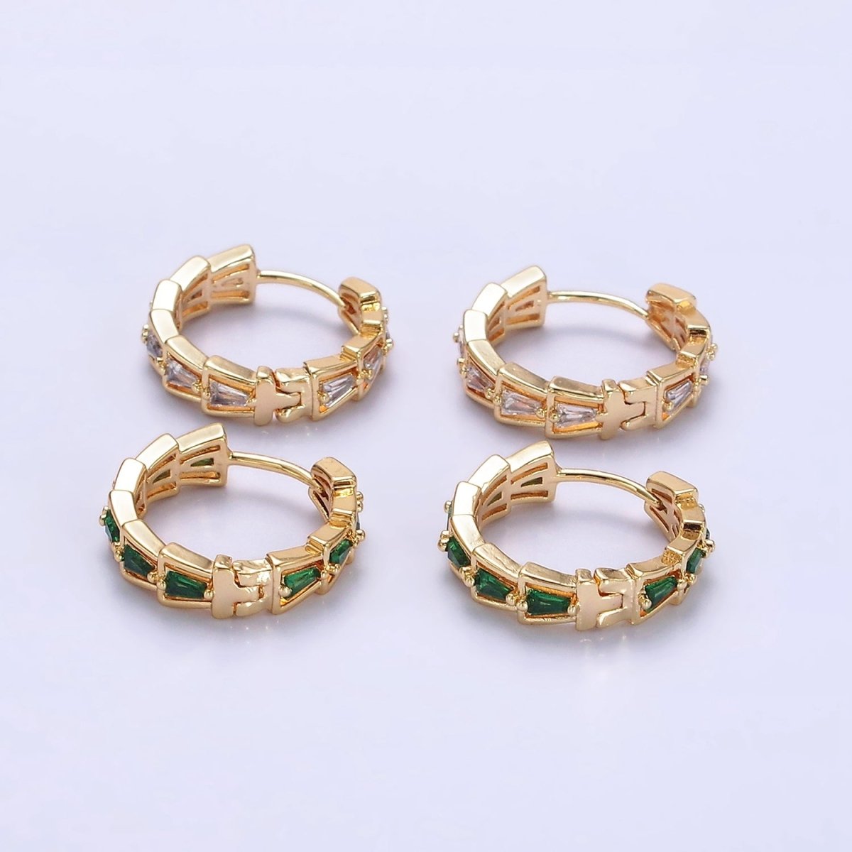 14K Gold Filled Green, Clear Triangle Baguette Lined 19mm Huggie Earrings | AE684 AE685 - DLUXCA