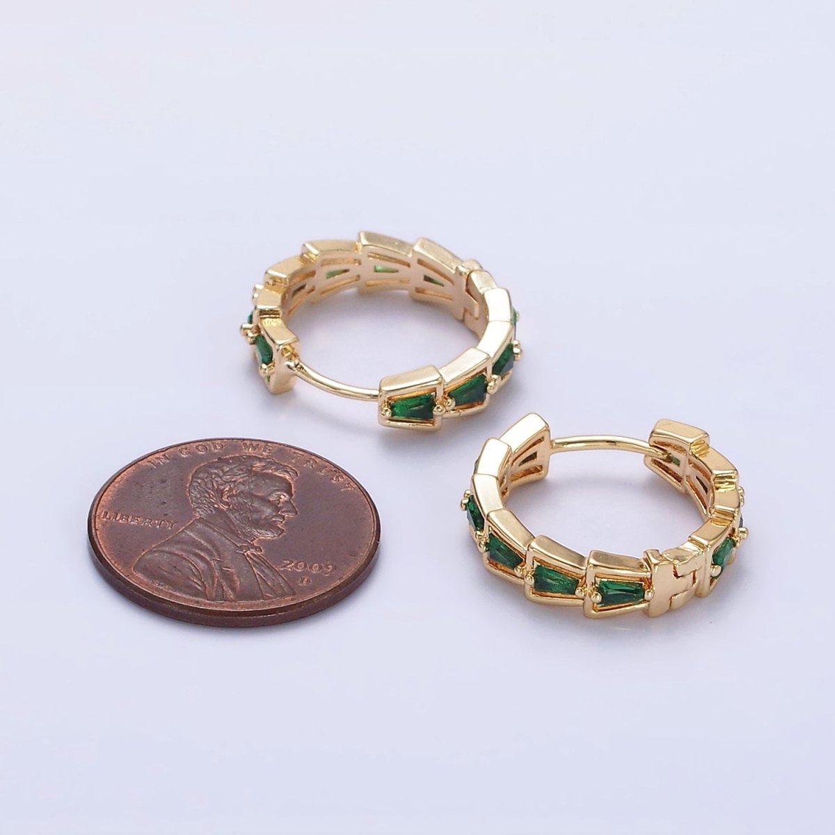 14K Gold Filled Green, Clear Triangle Baguette Lined 19mm Huggie Earrings | AE684 AE685 - DLUXCA