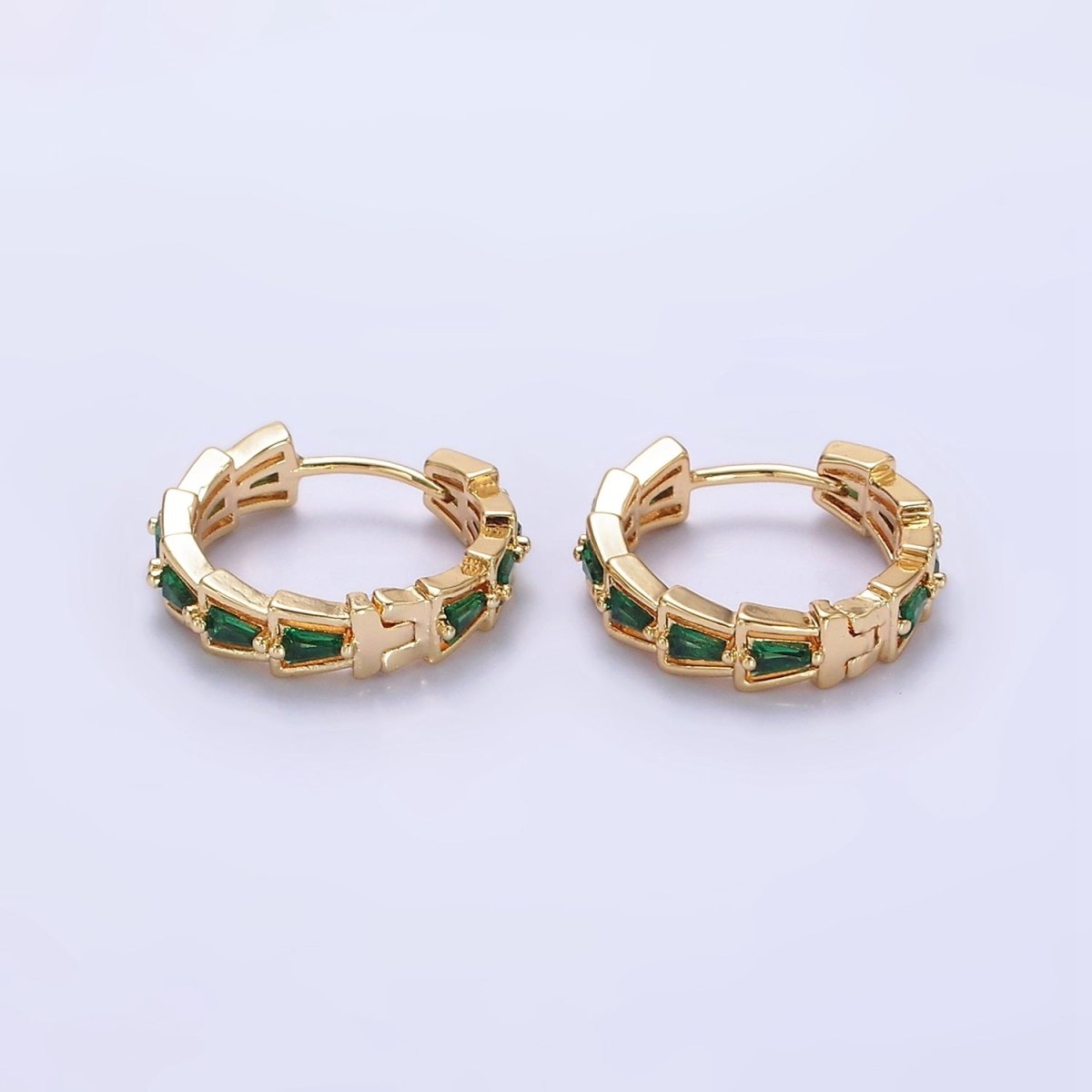 14K Gold Filled Green, Clear Triangle Baguette Lined 19mm Huggie Earrings | AE684 AE685 - DLUXCA