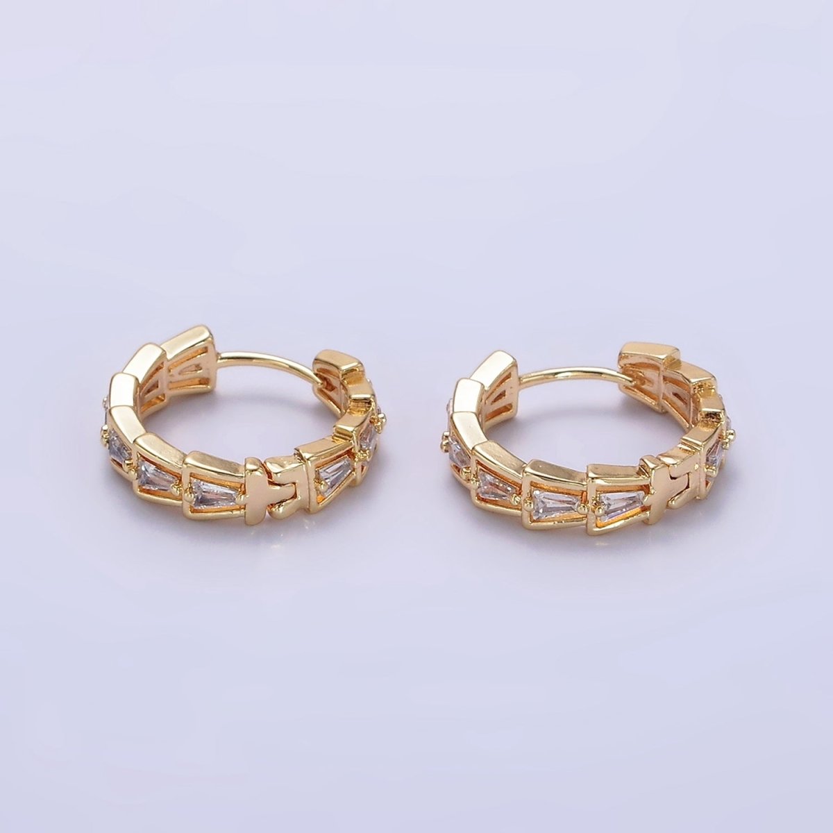 14K Gold Filled Green, Clear Triangle Baguette Lined 19mm Huggie Earrings | AE684 AE685 - DLUXCA