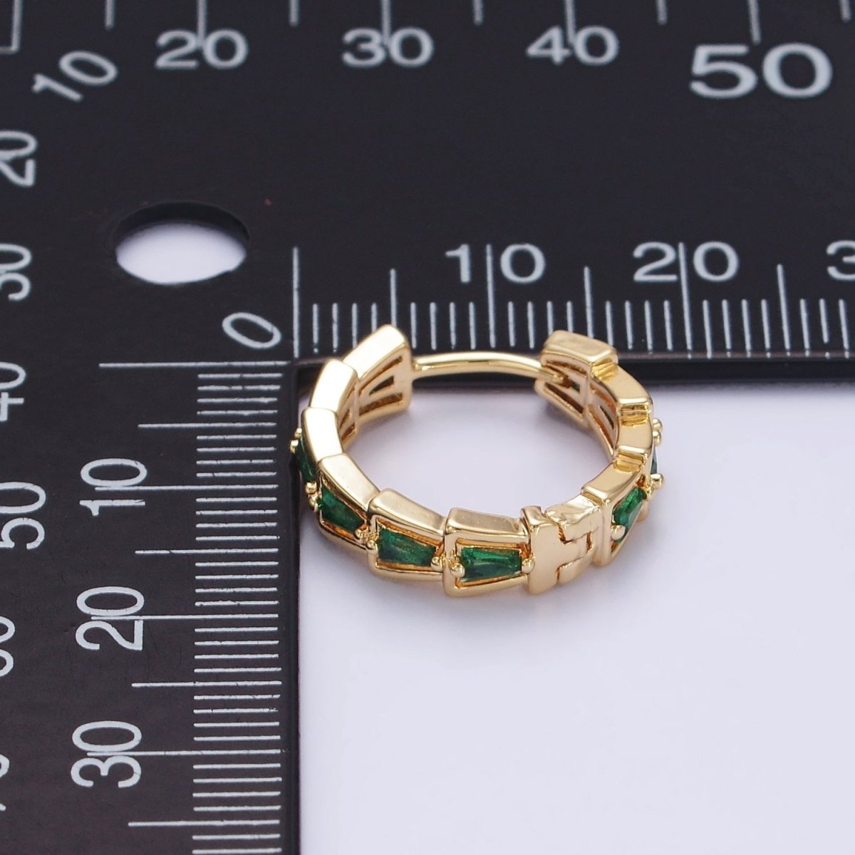 14K Gold Filled Green, Clear Triangle Baguette Lined 19mm Huggie Earrings | AE684 AE685 - DLUXCA