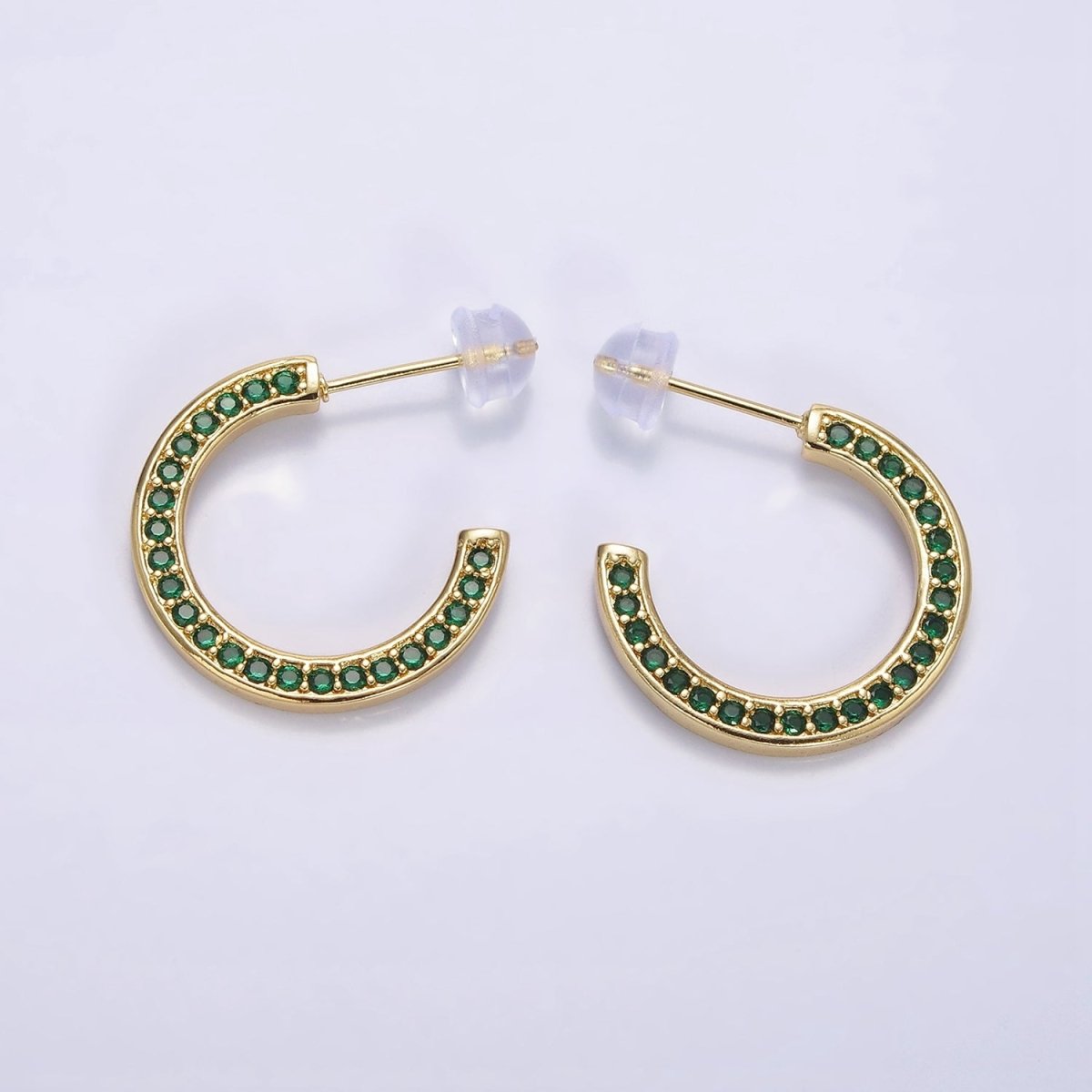 14K Gold Filled Green, Clear, Turquoise Round CZ Lined 20mm C-Shaped Hoop Earrings | AE661 - AE663 - DLUXCA