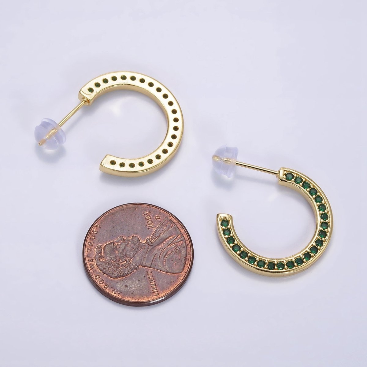14K Gold Filled Green, Clear, Turquoise Round CZ Lined 20mm C-Shaped Hoop Earrings | AE661 - AE663 - DLUXCA
