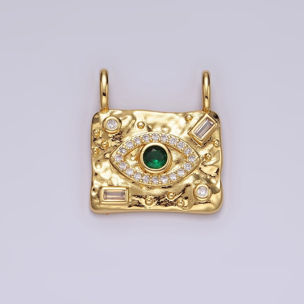 14K Gold Filled Green CZ Evil Eye Micro Paved Baguette Hammered Rectangular Connector | G180 - DLUXCA