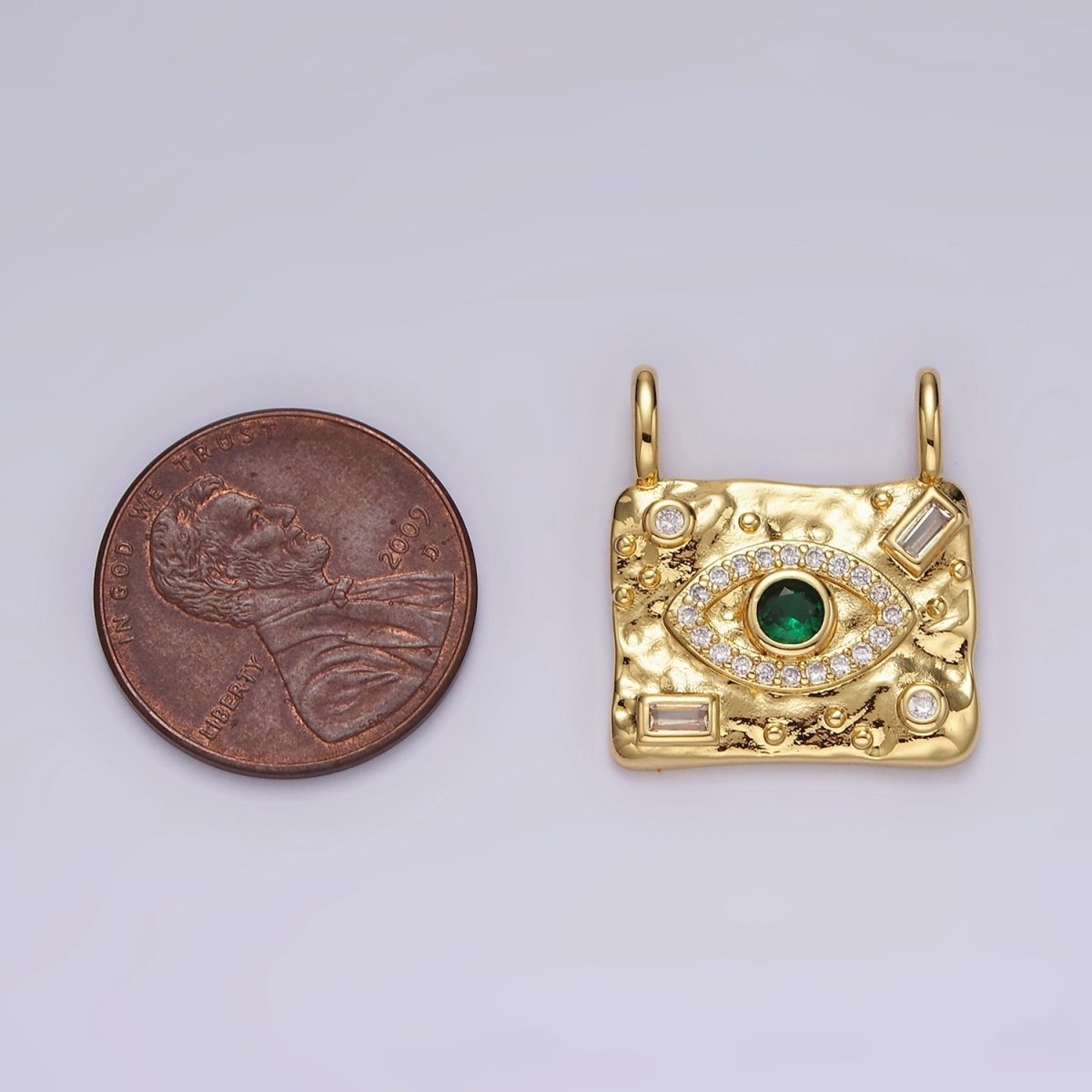 14K Gold Filled Green CZ Evil Eye Micro Paved Baguette Hammered Rectangular Connector | G180 - DLUXCA