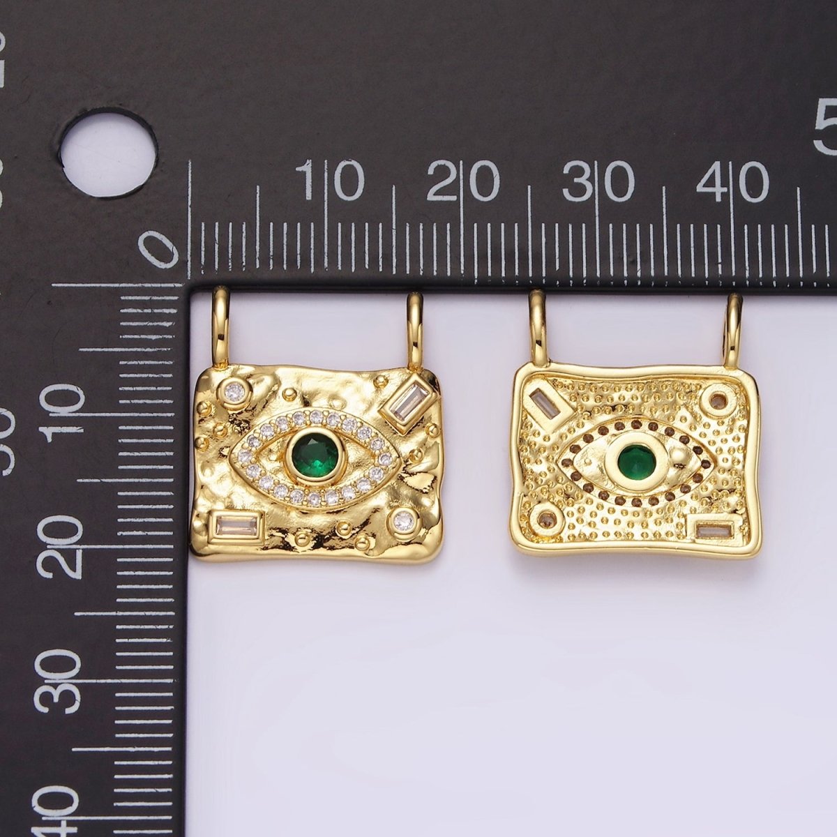 14K Gold Filled Green CZ Evil Eye Micro Paved Baguette Hammered Rectangular Connector | G180 - DLUXCA