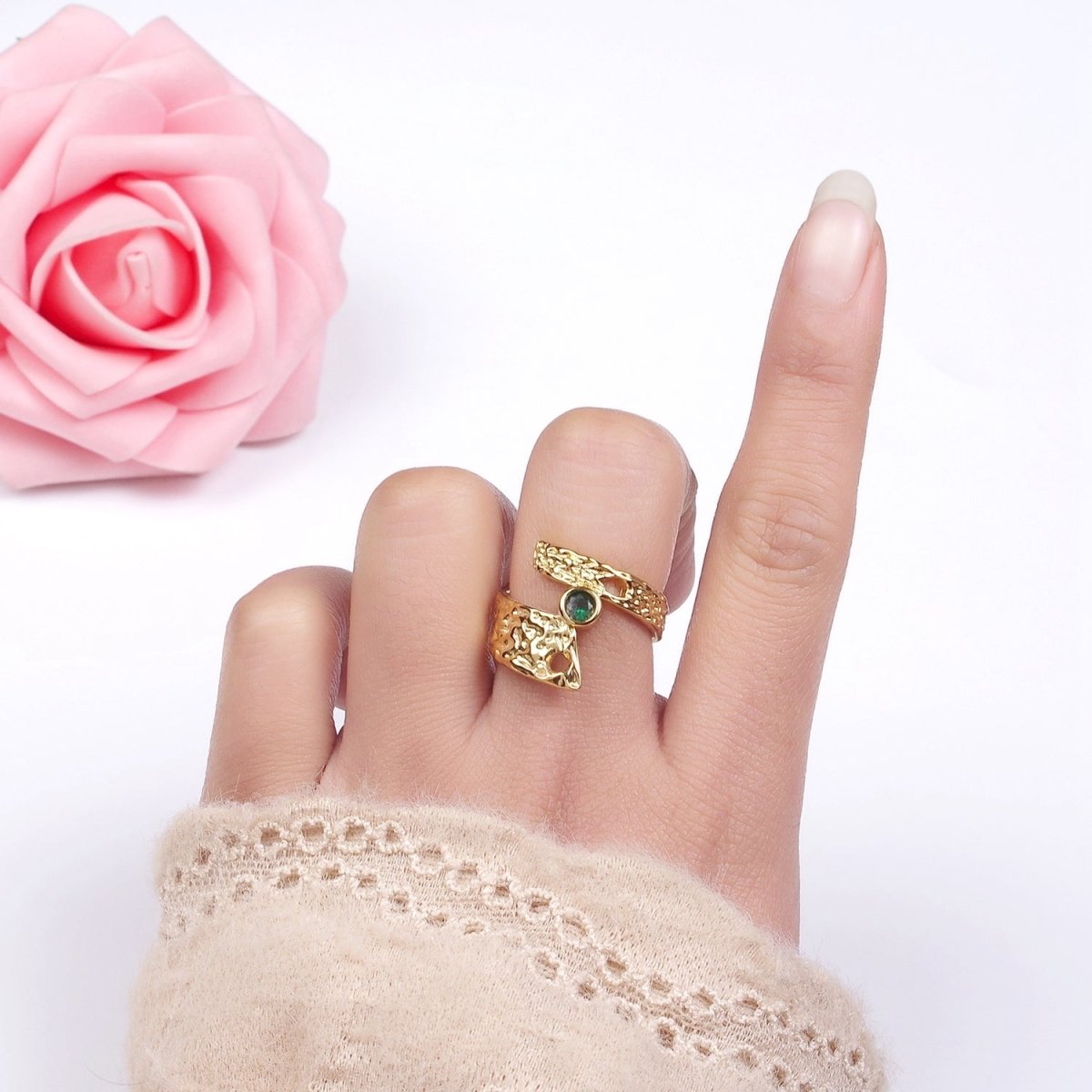 14K Gold Filled Green CZ Hammered Wide Wrap Ring | O1308 - DLUXCA