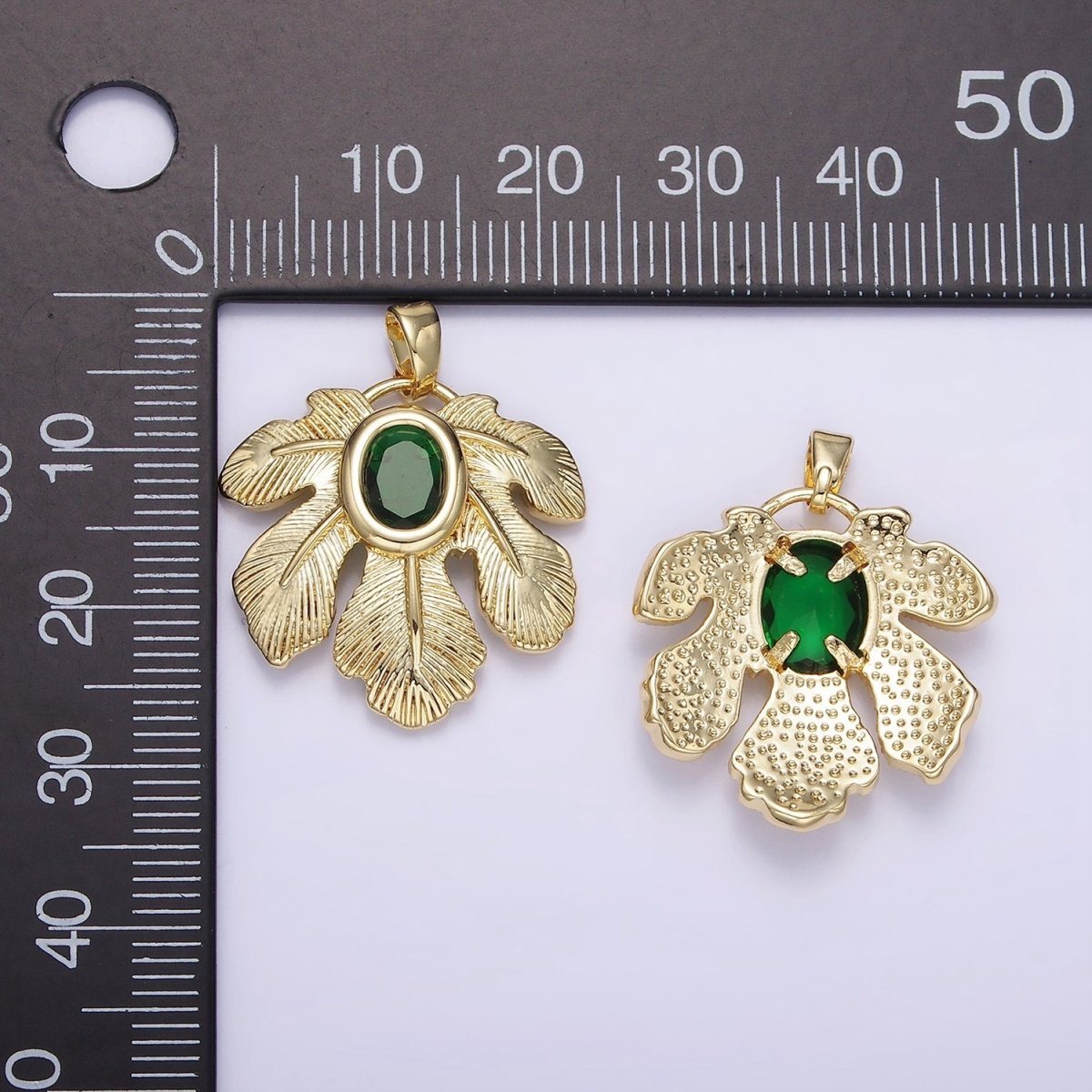 14K Gold Filled Green CZ Line-Textured Palm Leaf Nature Pendant | AH149 - DLUXCA