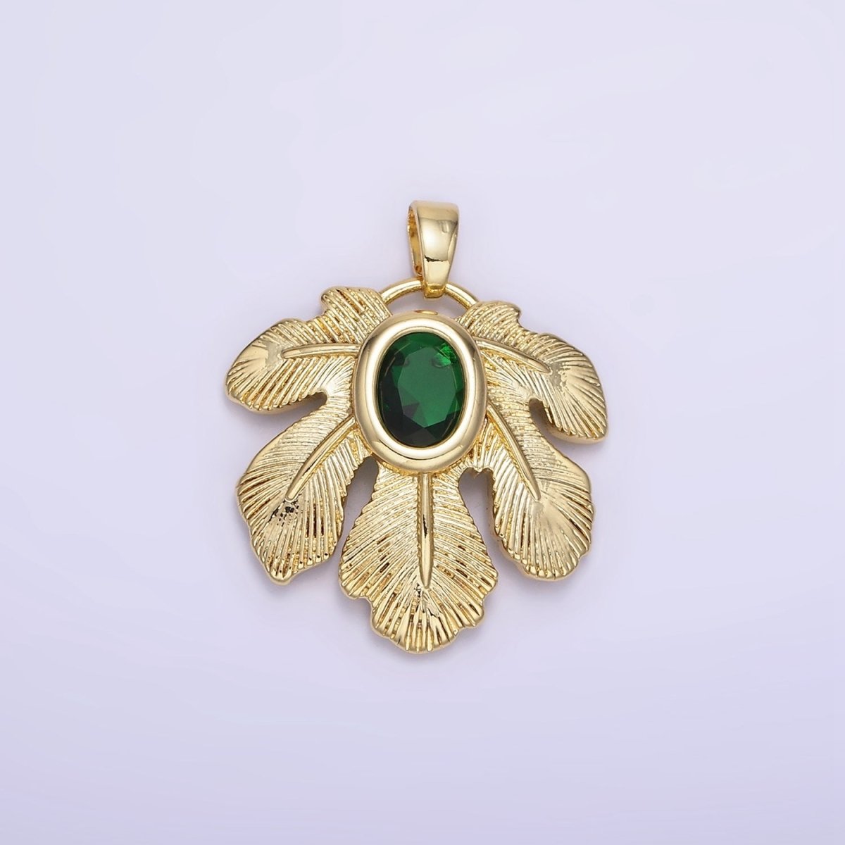 14K Gold Filled Green CZ Line-Textured Palm Leaf Nature Pendant | AH149 - DLUXCA