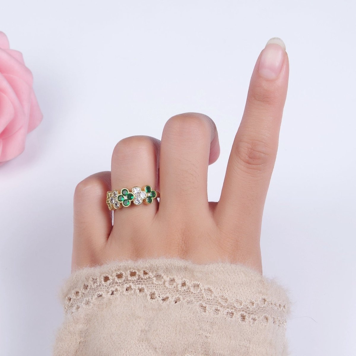 14K Gold Filled Green CZ Quatrefoil Lined Ring | O1213 - DLUXCA