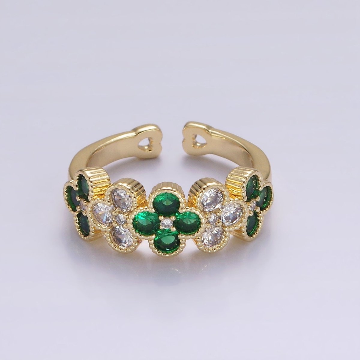 14K Gold Filled Green CZ Quatrefoil Lined Ring | O1213 - DLUXCA