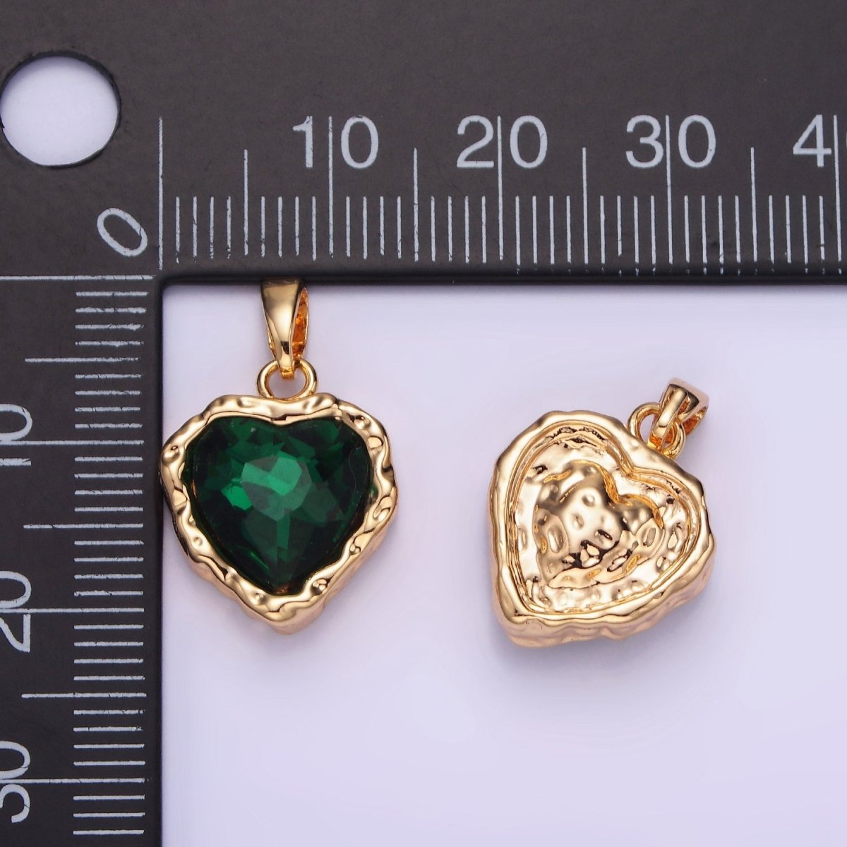 14K Gold Filled Green Emerald Heart CZ Charm Rustic Love Pendant | AA1194 - DLUXCA