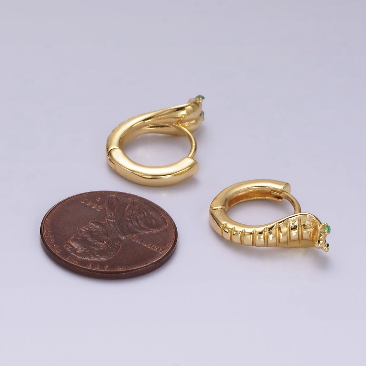 14K Gold Filled Green-Eyed CZ Lined Snake Animal Huggie Earrings in Gold & Silver | V082 V083 - DLUXCA