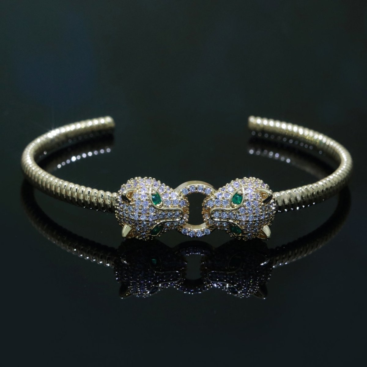 14K Gold Filled Green-Eyed CZ Panther Micro Paved Adjustable Textured Bangle Bracelet | WA-125 Clearance Pricing - DLUXCA