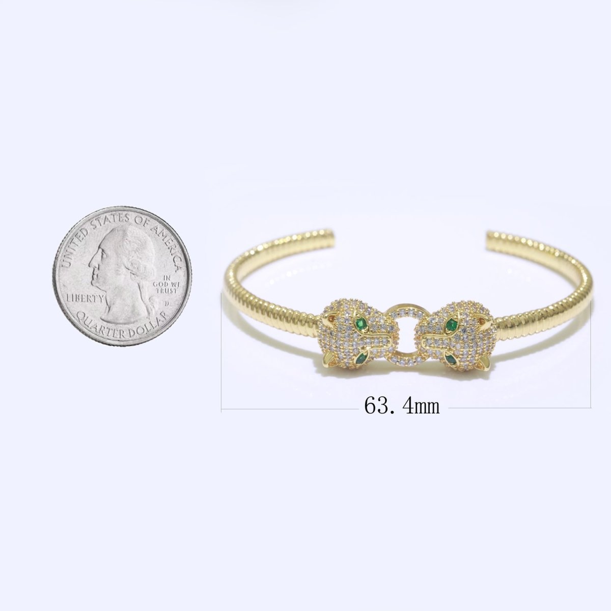 14K Gold Filled Green-Eyed CZ Panther Micro Paved Adjustable Textured Bangle Bracelet | WA-125 Clearance Pricing - DLUXCA