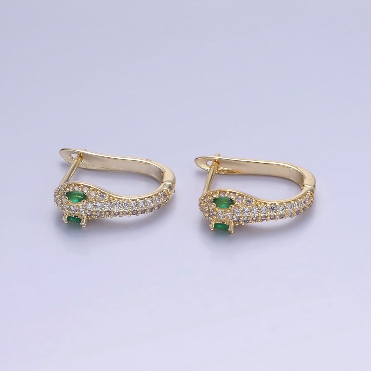 14K Gold Filled Green-Eyed Micro Paved CZ Cartilage English Lock Earrings in Gold & Silver | AB1319 - DLUXCA