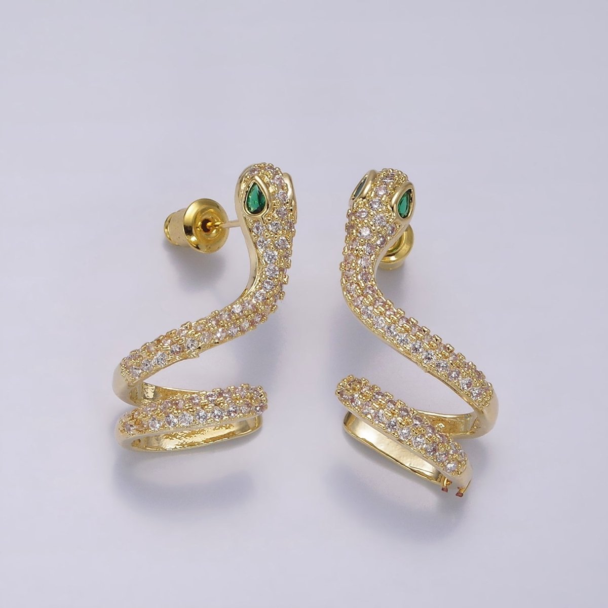 14K Gold Filled Green-Eyed Snake Serpent Micro Paved CZ Stud Earring Set | AE252 - DLUXCA