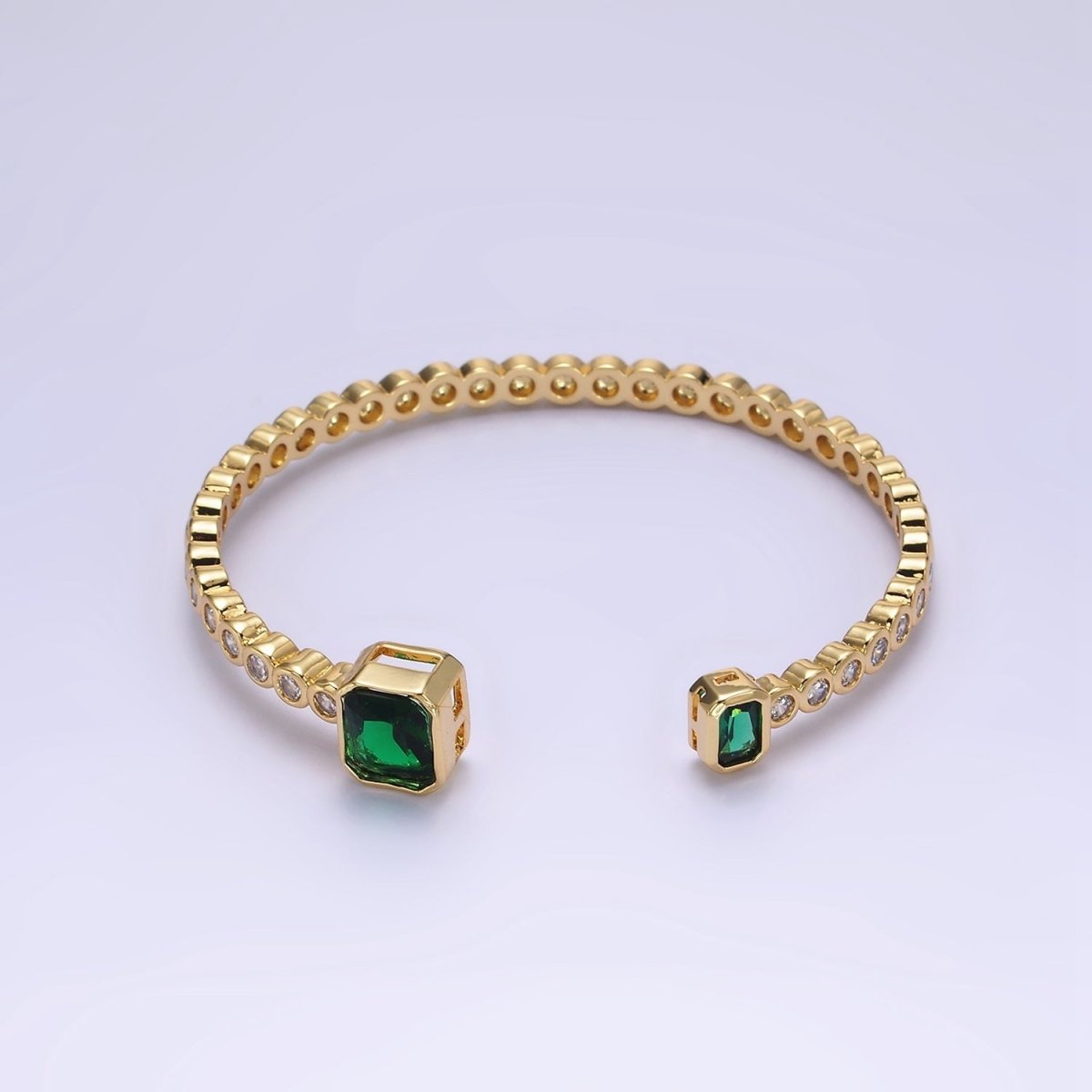 14K Gold Filled Green, Fuchsia Baguette Round CZ Lined Cuff Bracelet in Silver & Gold | WA-1974 - WA-1977 Clearance Pricing - DLUXCA