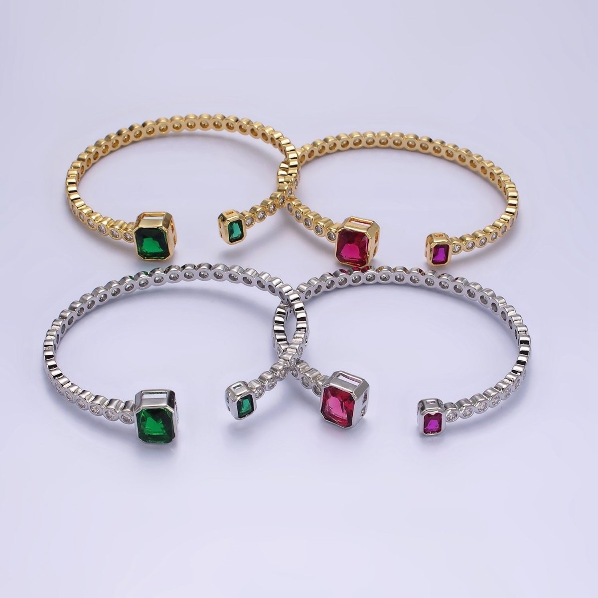 14K Gold Filled Green, Fuchsia Baguette Round CZ Lined Cuff Bracelet in Silver & Gold | WA-1974 - WA-1977 Clearance Pricing - DLUXCA