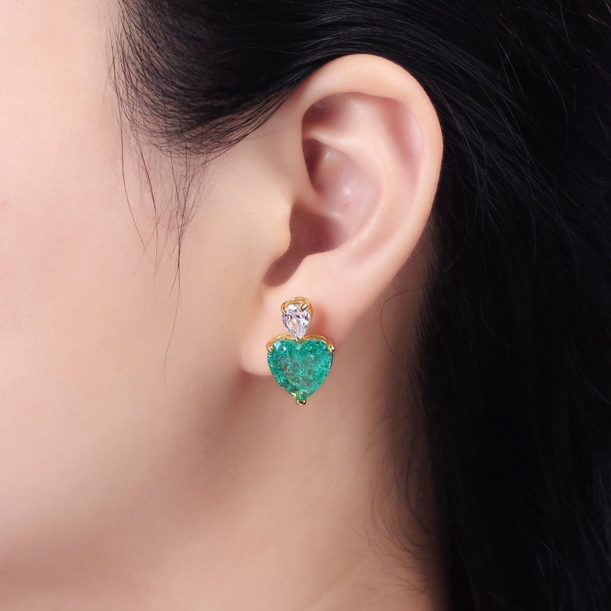 14K Gold Filled Green Heart CZ Teardrop Stud Earrings | AB484 - DLUXCA