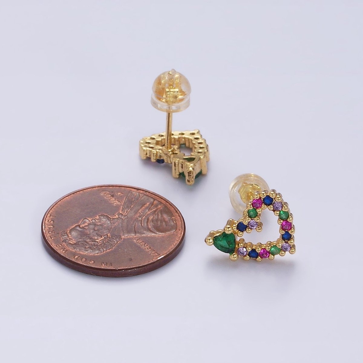 14K Gold Filled Green Heart Multicolor CZ Open Lined Stud Earrings in Gold & Silver | Y-910 Y-911 - DLUXCA