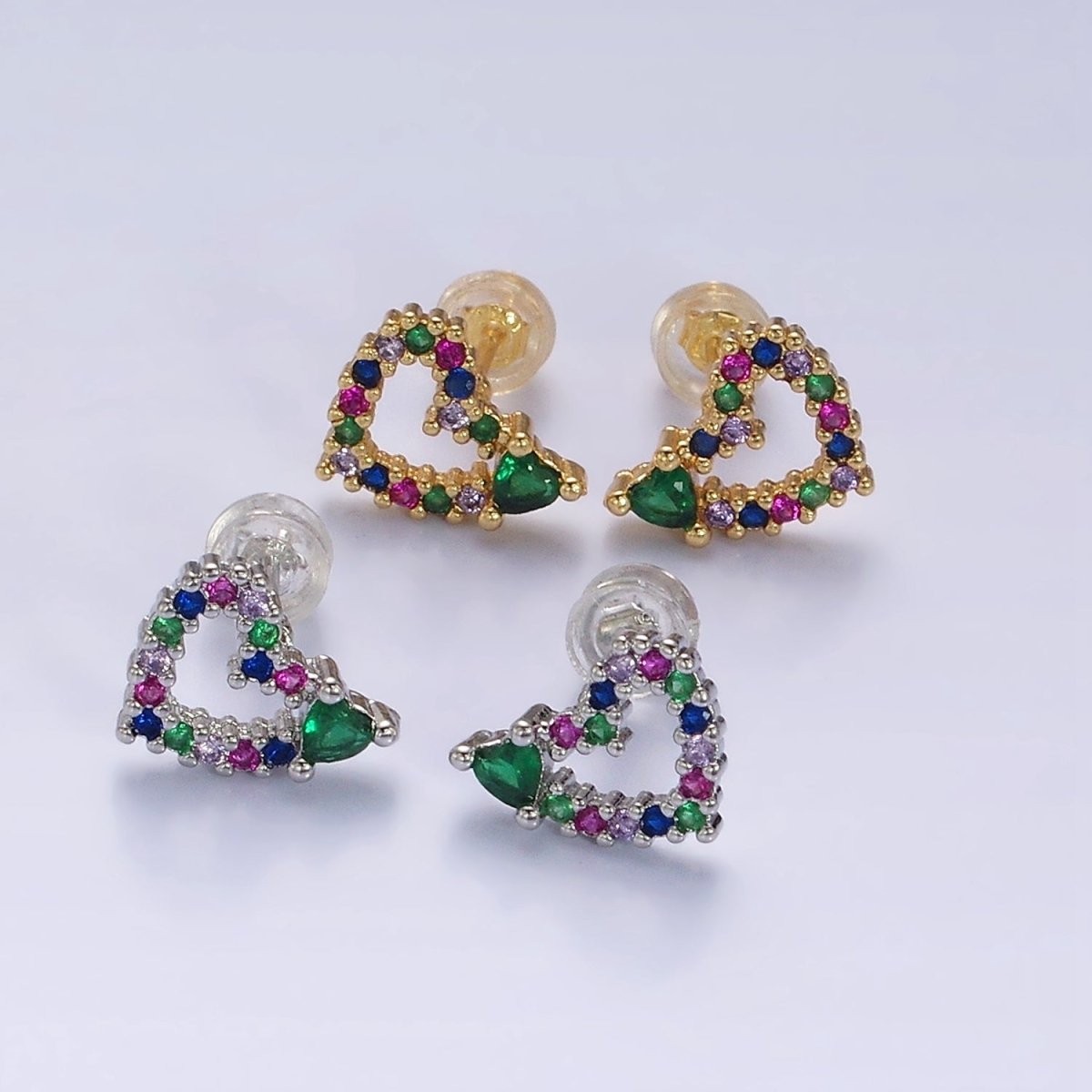 14K Gold Filled Green Heart Multicolor CZ Open Lined Stud Earrings in Gold & Silver | Y-910 Y-911 - DLUXCA