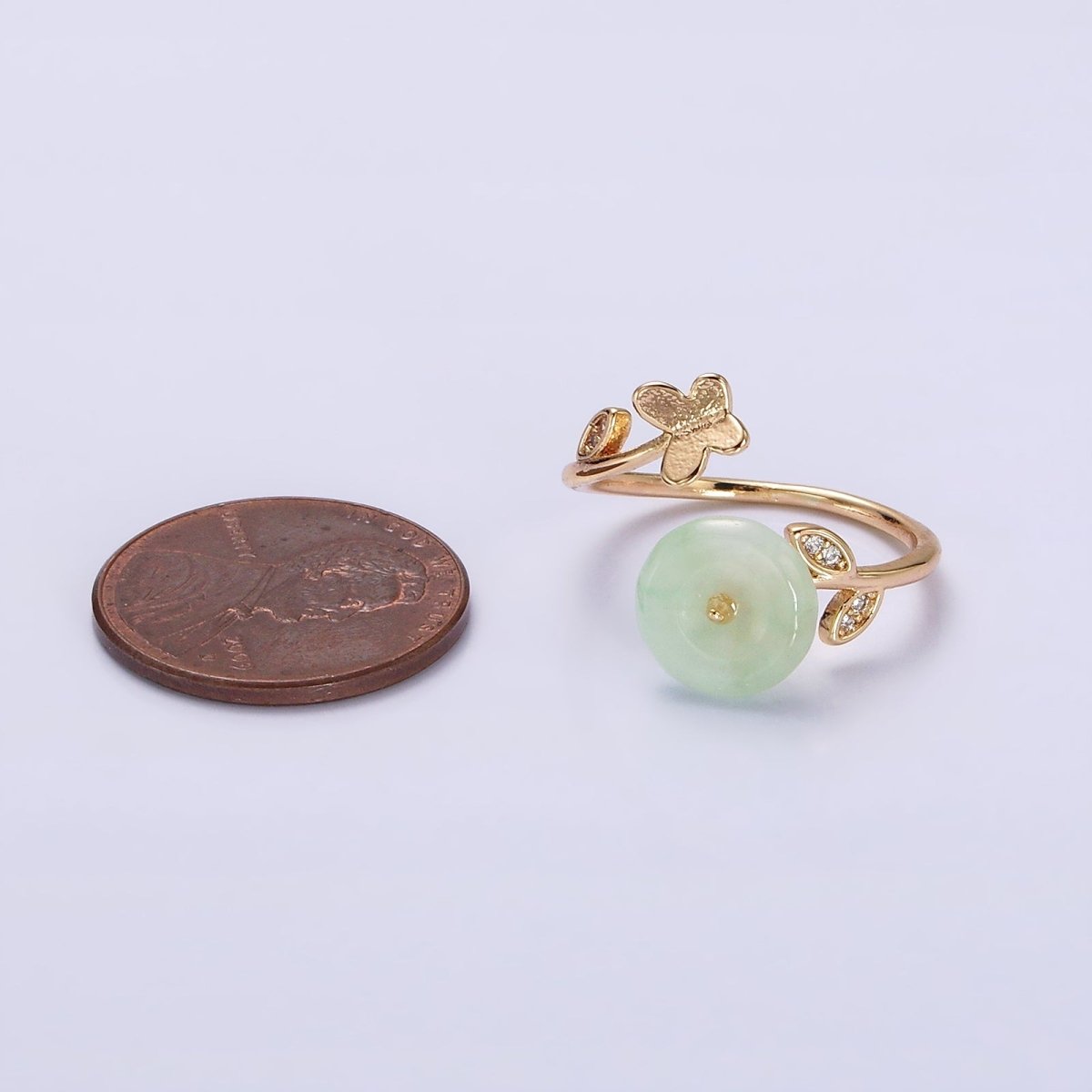 14K Gold Filled Green Jade Donut Butterfly Leaf Micro Paved CZ Open Ring | O-605 - DLUXCA