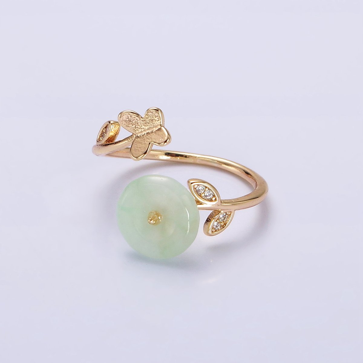 14K Gold Filled Green Jade Donut Butterfly Leaf Micro Paved CZ Open Ring | O-605 - DLUXCA