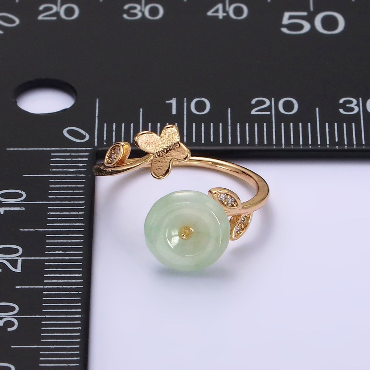 14K Gold Filled Green Jade Donut Butterfly Leaf Micro Paved CZ Open Ring | O-605 - DLUXCA