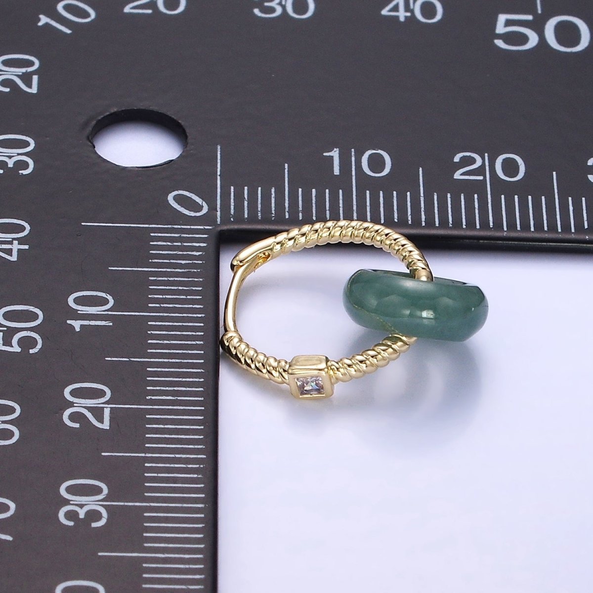 14K Gold Filled Green Jade Donut Drop CZ Croissant Huggie Hoop Earrings | AE517 - DLUXCA