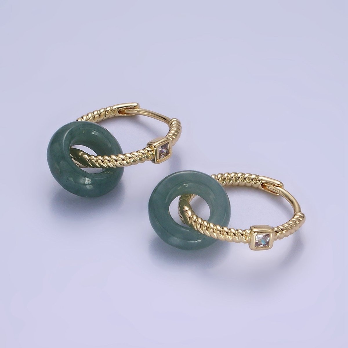 14K Gold Filled Green Jade Donut Drop CZ Croissant Huggie Hoop Earrings | AE517 - DLUXCA