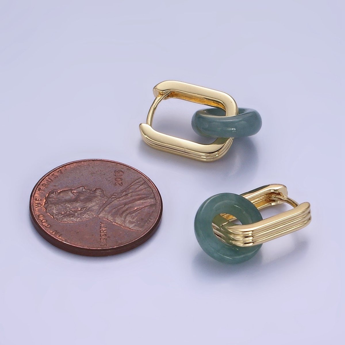 14K Gold Filled Green Jade Donut Drop Triple Lined Oblong Hoop Earrings | V503 - DLUXCA