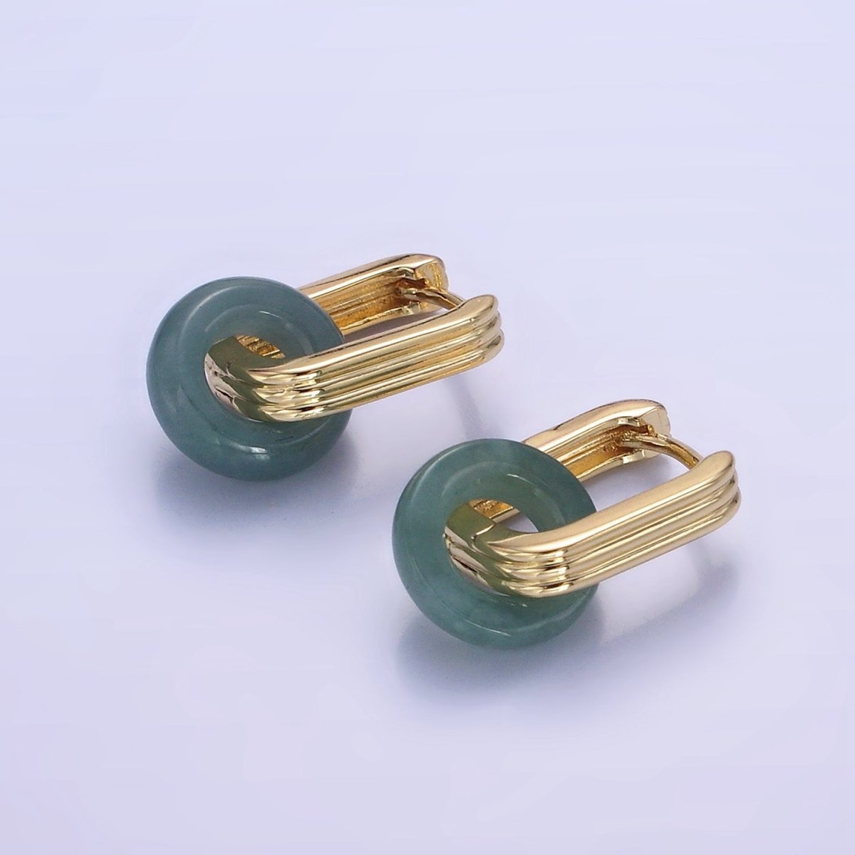 14K Gold Filled Green Jade Donut Drop Triple Lined Oblong Hoop Earrings | V503 - DLUXCA