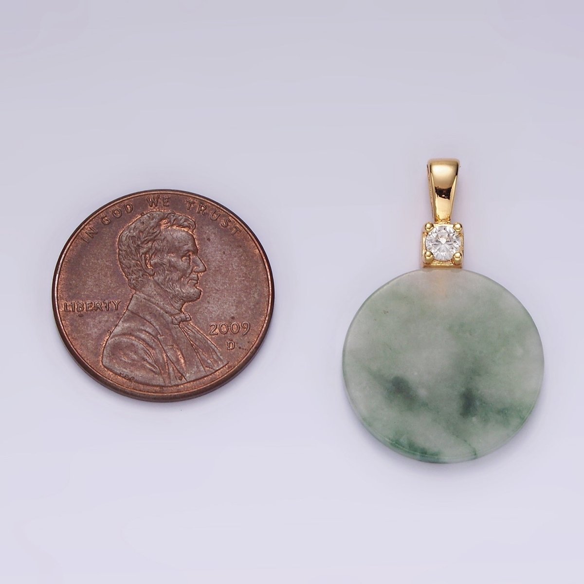 14K Gold Filled Green Jade Round CZ Bail Pendant | N2018 - DLUXCA