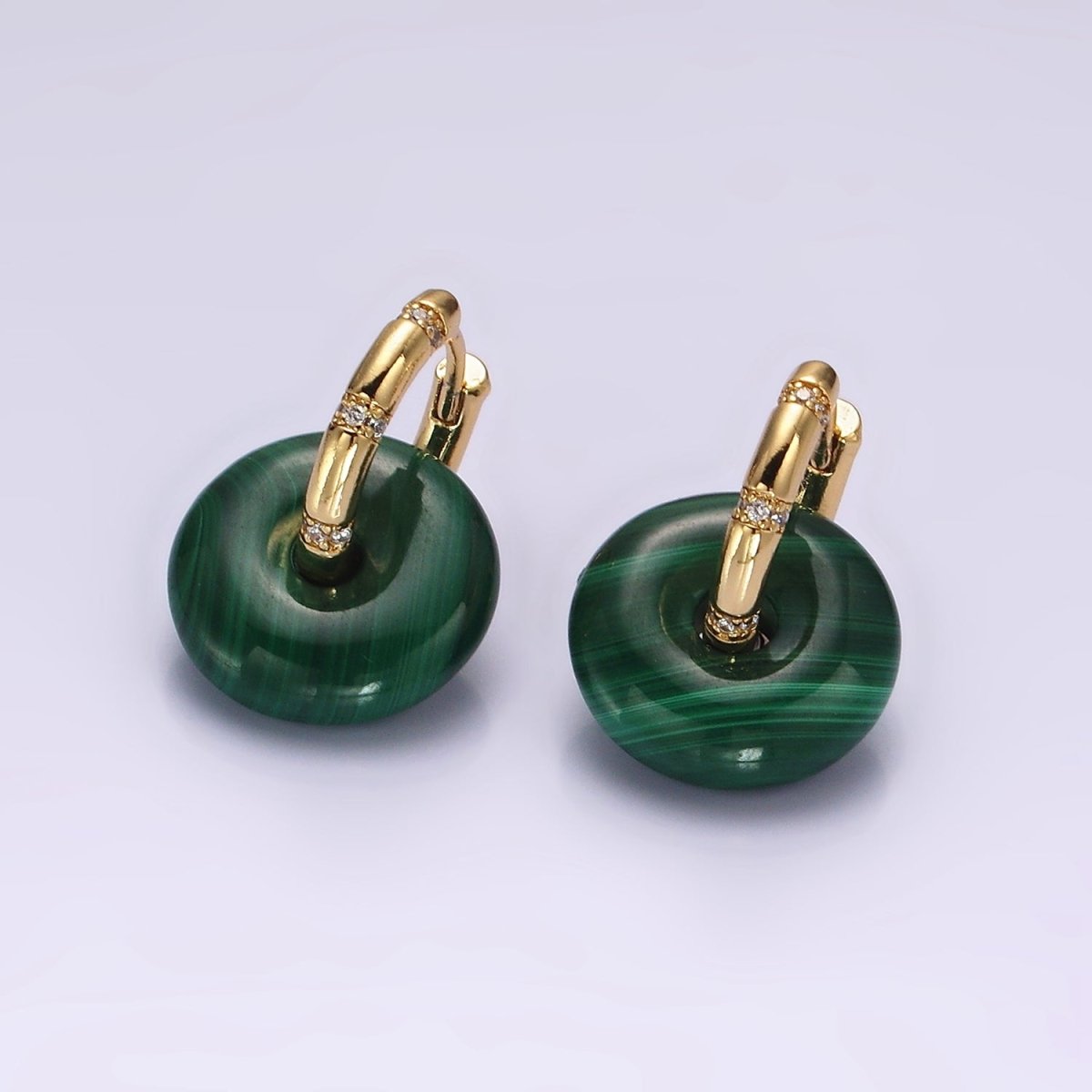 14K Gold Filled Green Malachite Donut Lined Micro Paved Huggie Earrings | AE353 - DLUXCA