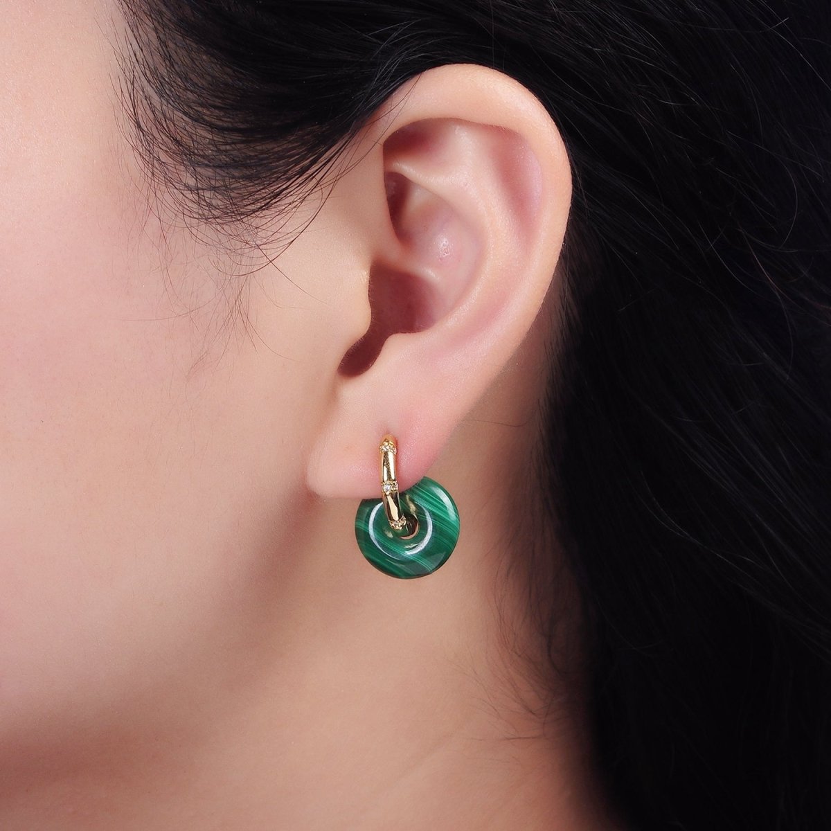 14K Gold Filled Green Malachite Donut Lined Micro Paved Huggie Earrings | AE353 - DLUXCA