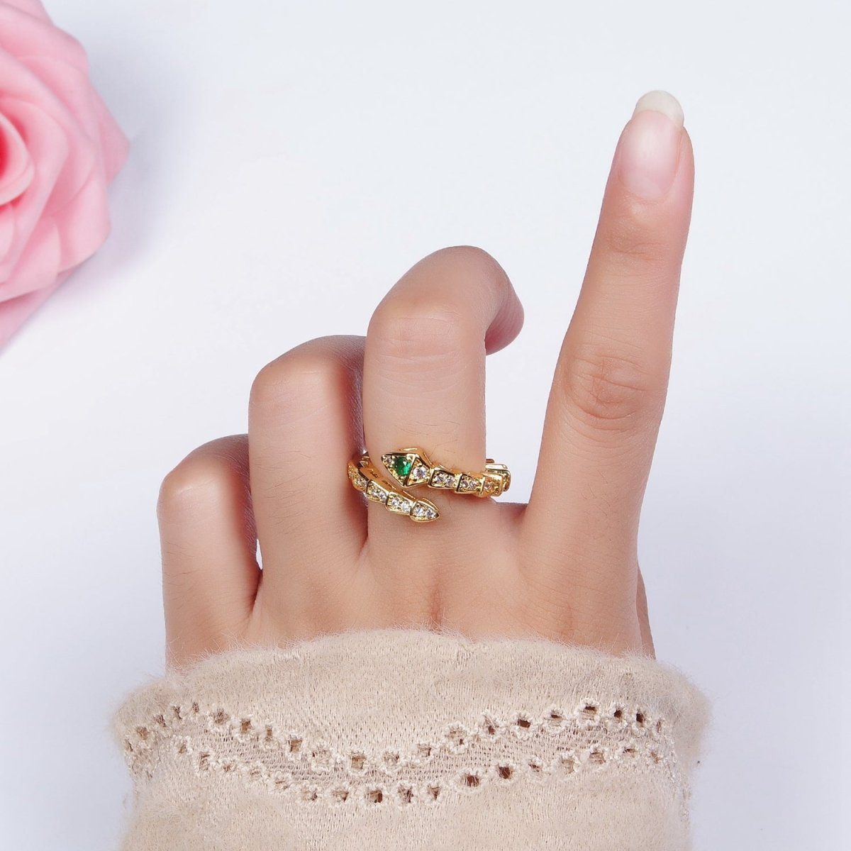14K Gold Filled Green Micro Paved CZ Snake Serpent Animal Wrap Ring | O1168 - DLUXCA