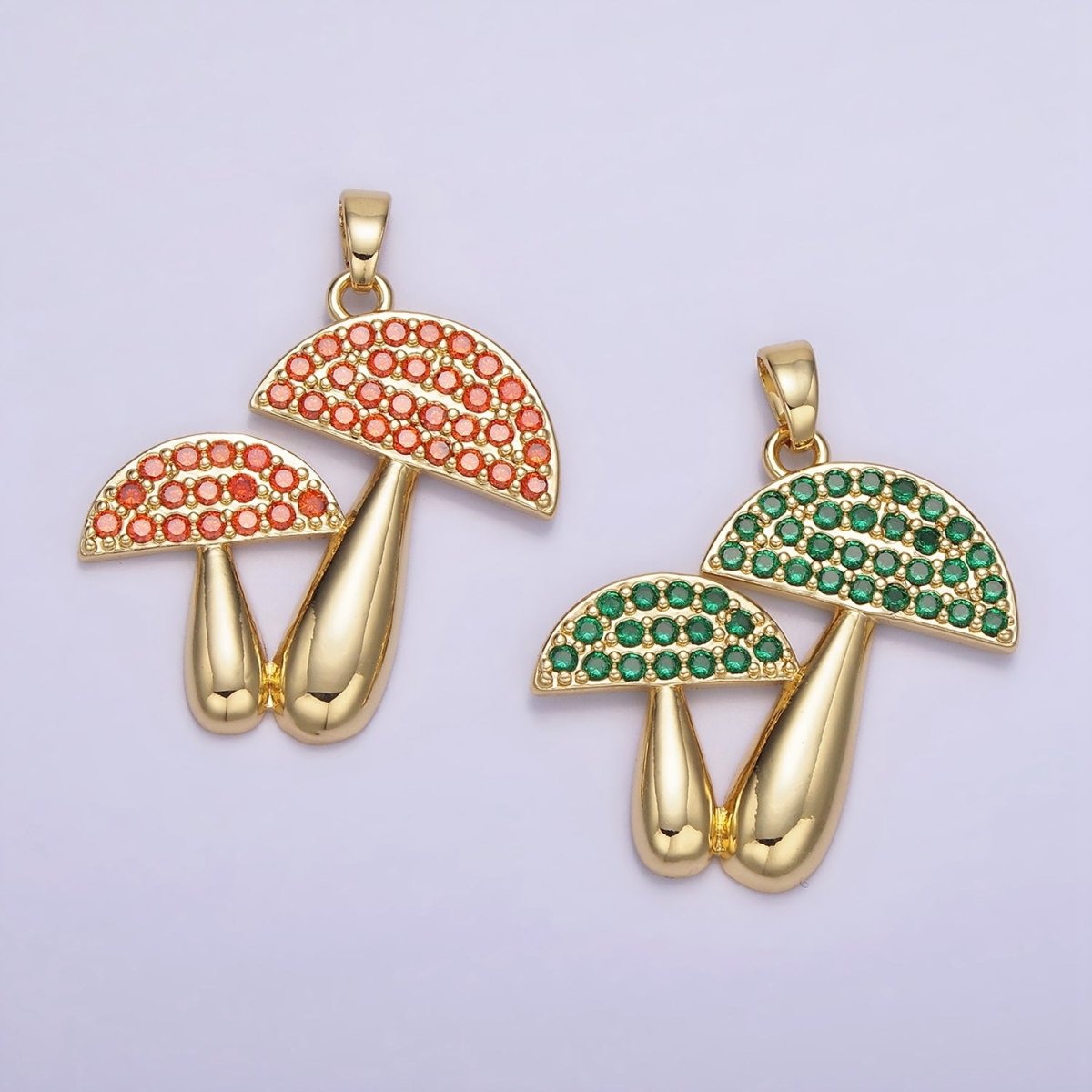 14K Gold Filled Green, Orange Micro Paved CZ Mushroom Plant Nature Pendant | AH152 - DLUXCA