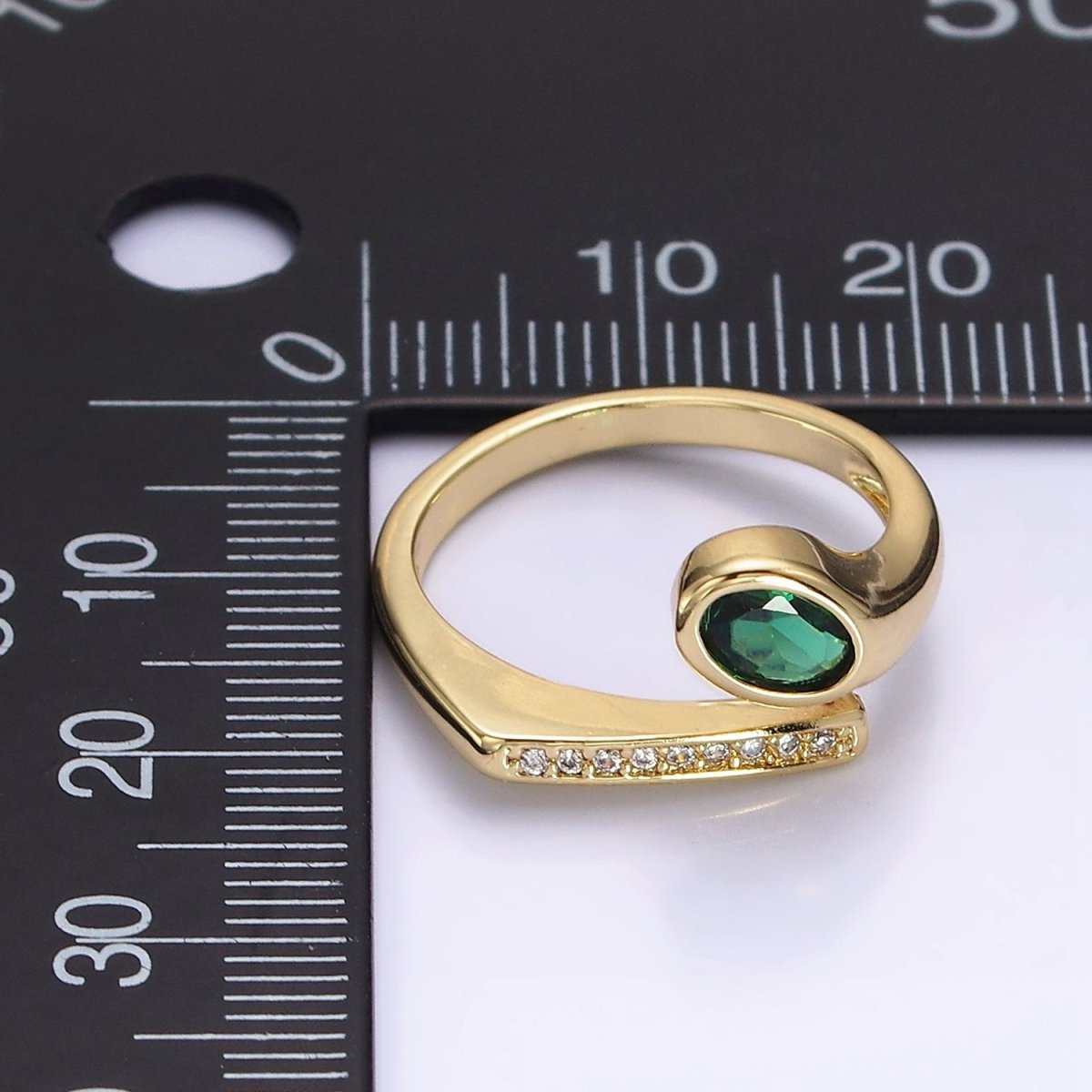 14K Gold Filled Green Oval CZ Clear Micro Paved Band Open Ring | O-569 - DLUXCA