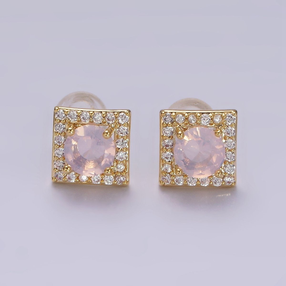 14K Gold Filled Green, Pink, Clear, Blue, Green CZ Micro Paved Square Stud Earrings in Gold & Silver | V320 - V329 - DLUXCA