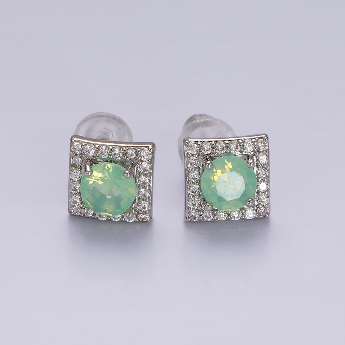 14K Gold Filled Green, Pink, Clear, Blue, Green CZ Micro Paved Square Stud Earrings in Gold & Silver | V320 - V329 - DLUXCA