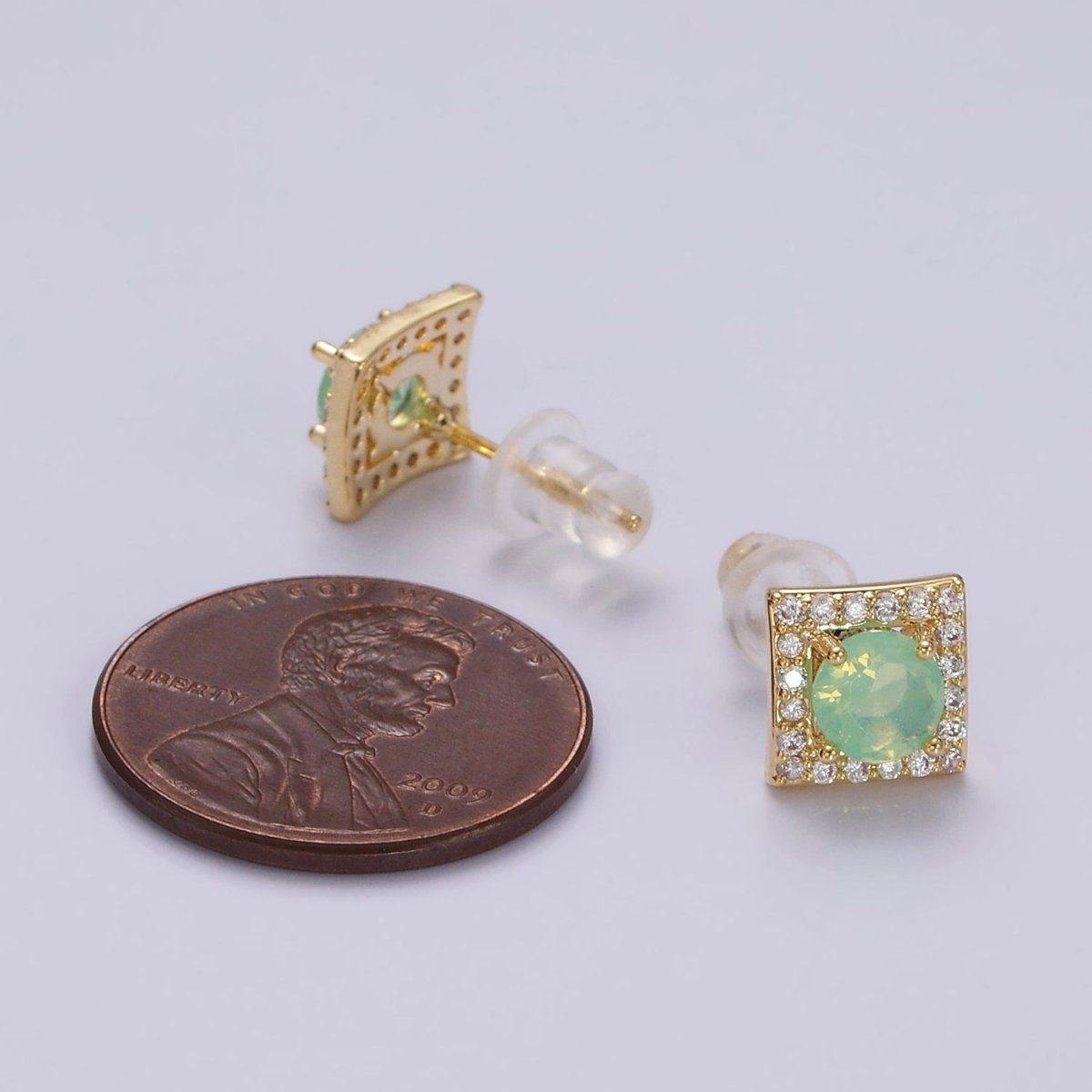 14K Gold Filled Green, Pink, Clear, Blue, Green CZ Micro Paved Square Stud Earrings in Gold & Silver | V320 - V329 - DLUXCA