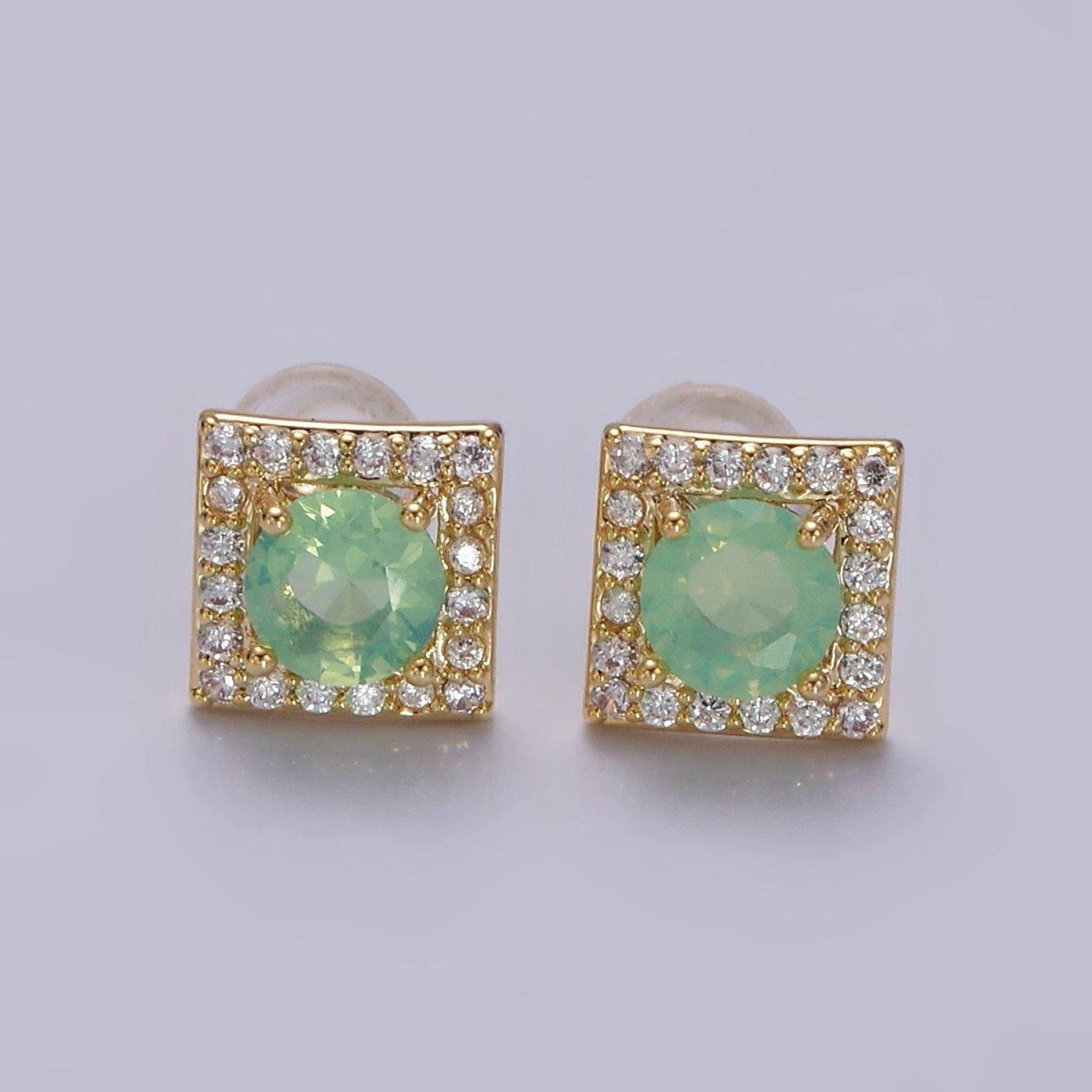 14K Gold Filled Green, Pink, Clear, Blue, Green CZ Micro Paved Square Stud Earrings in Gold & Silver | V320 - V329 - DLUXCA