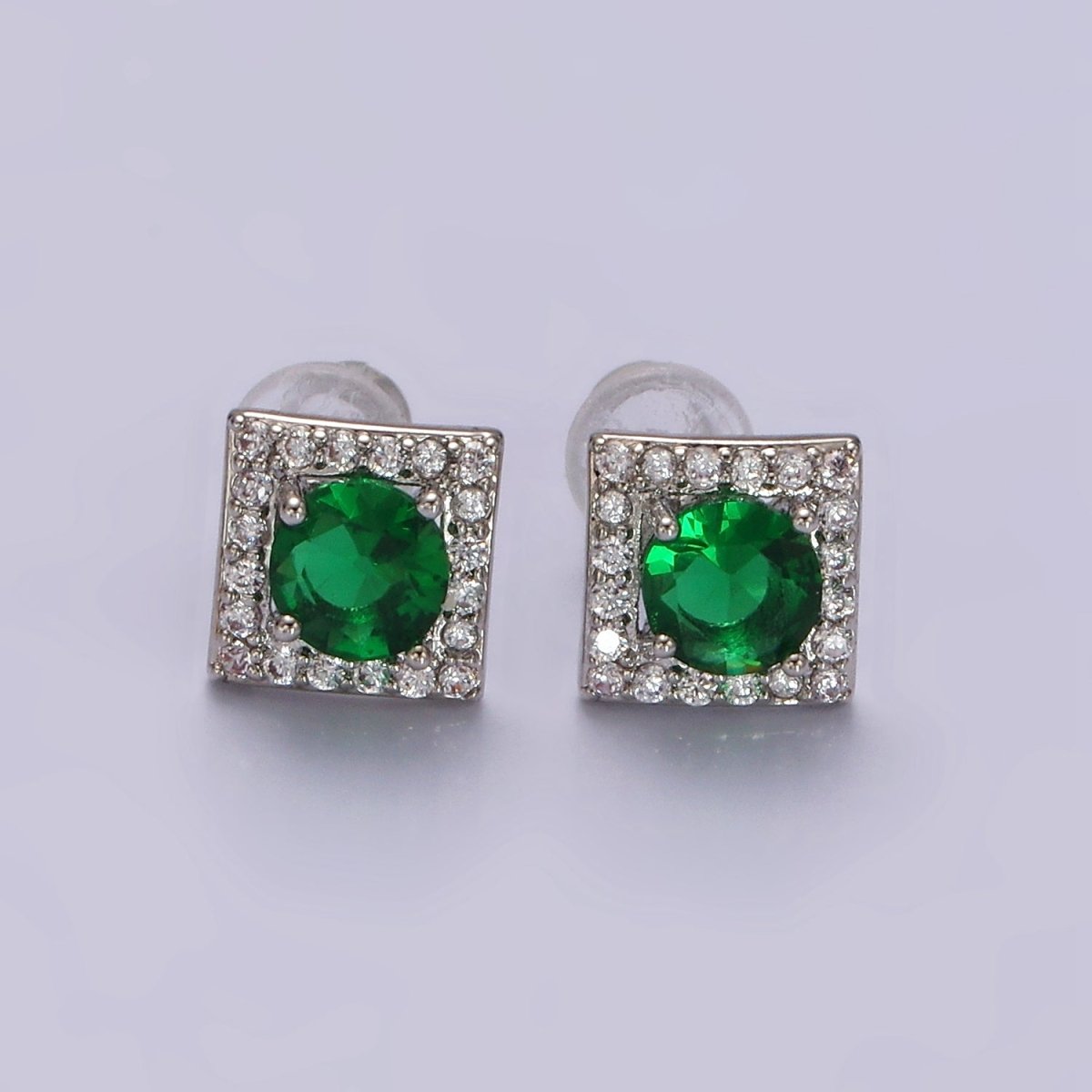 14K Gold Filled Green, Pink, Clear, Blue, Green CZ Micro Paved Square Stud Earrings in Gold & Silver | V320 - V329 - DLUXCA