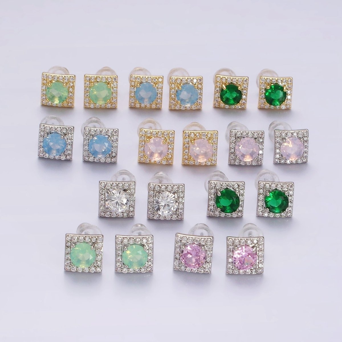 14K Gold Filled Green, Pink, Clear, Blue, Green CZ Micro Paved Square Stud Earrings in Gold & Silver | V320 - V329 - DLUXCA